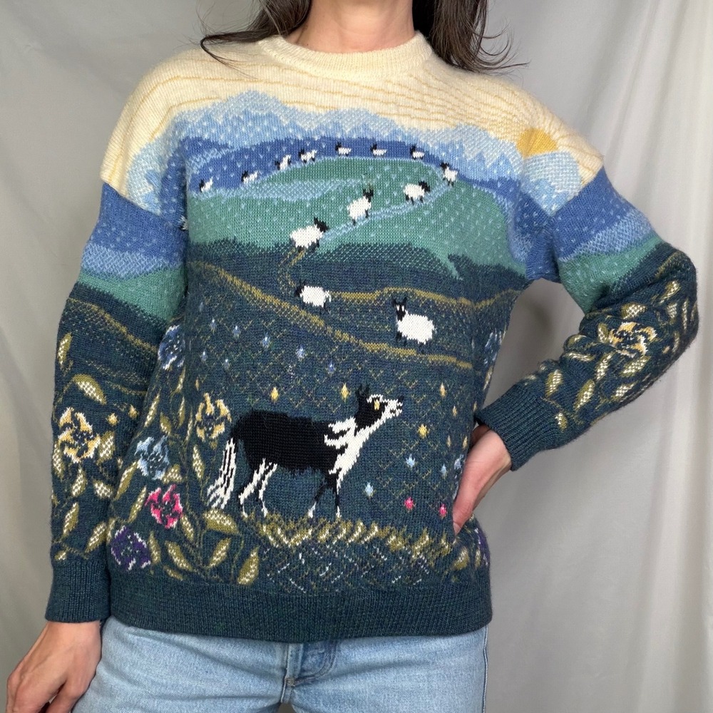 Vintage Wool Sheep Sweater Simply Splendid Pastoral Landscape Dog Scenic Scene M - Picture 10 of 12